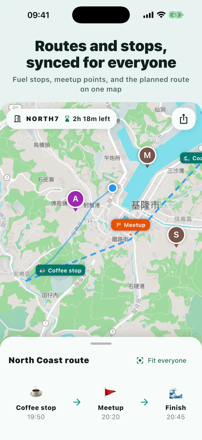 Laiki map showing stops, meeting points, and a planned route